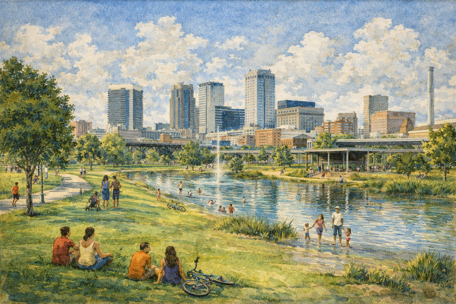 夏の Railroad Park の芝生と都市景観