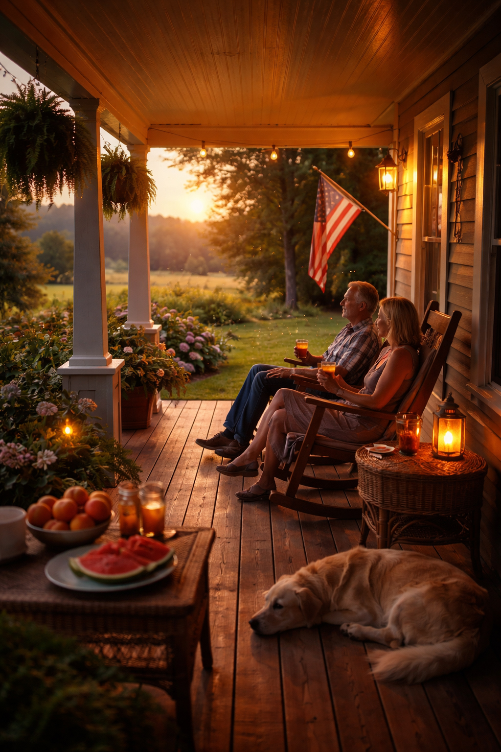 南部らしい前庭の夕暮れの風景