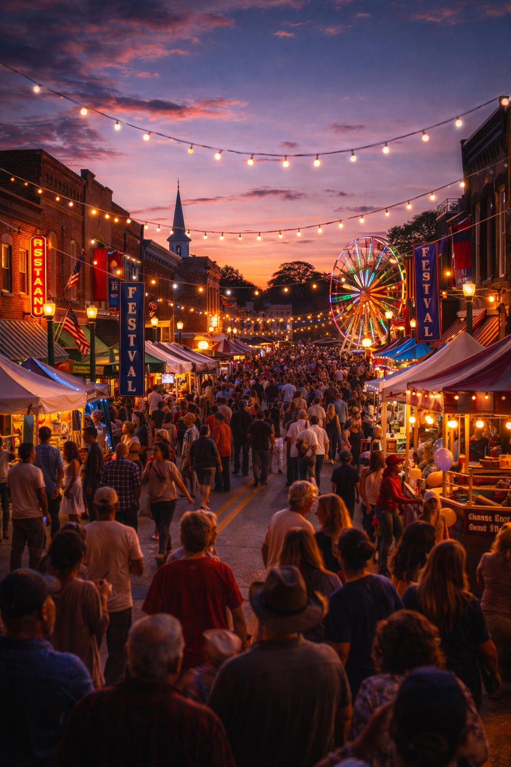 小さな町の祭りの灯りがともるアラバマの風景