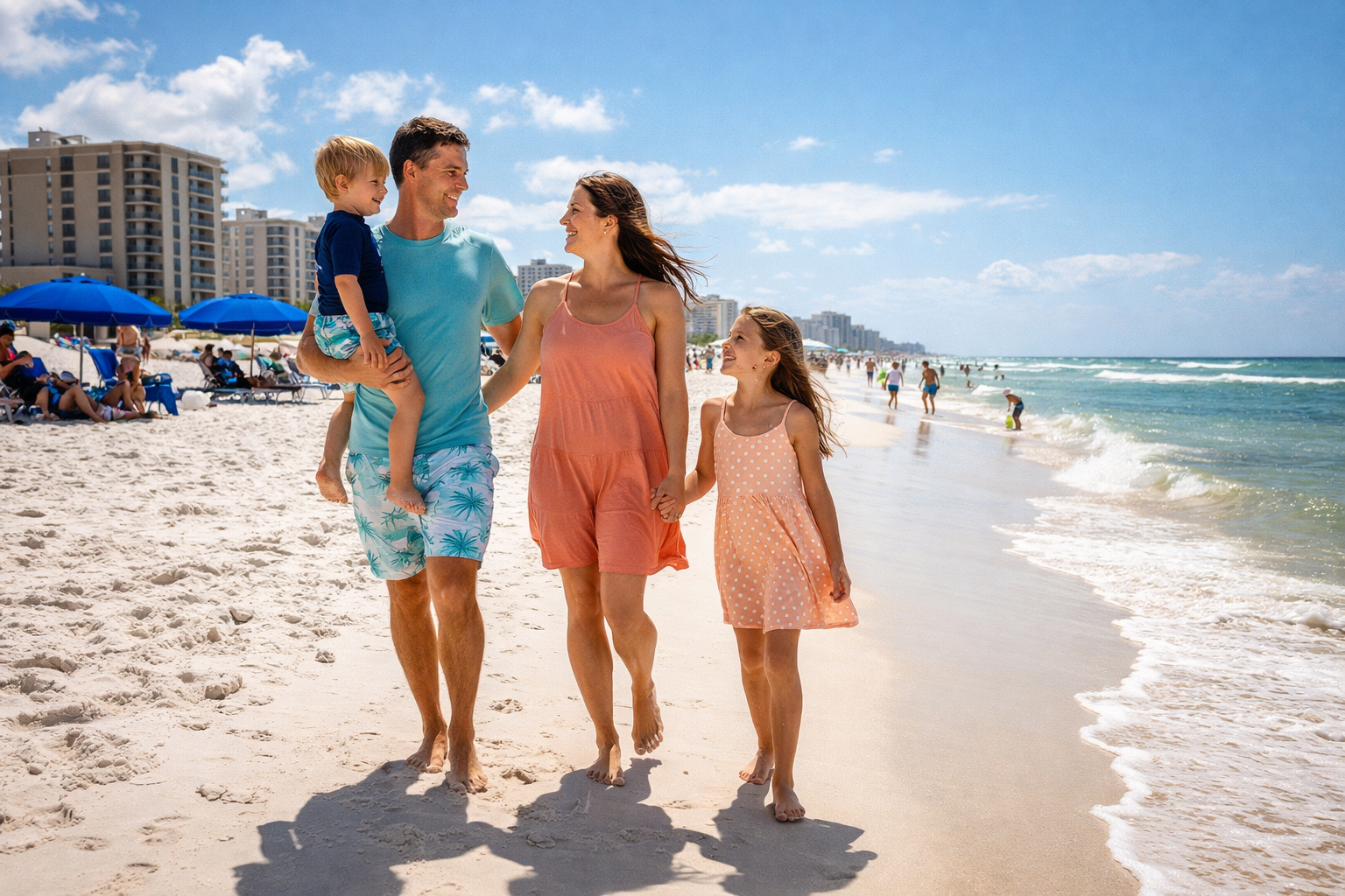 ガルフショアーズの白い砂浜で過ごす家族の風景