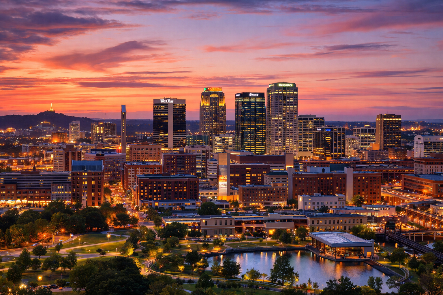 夕景の Birmingham skyline