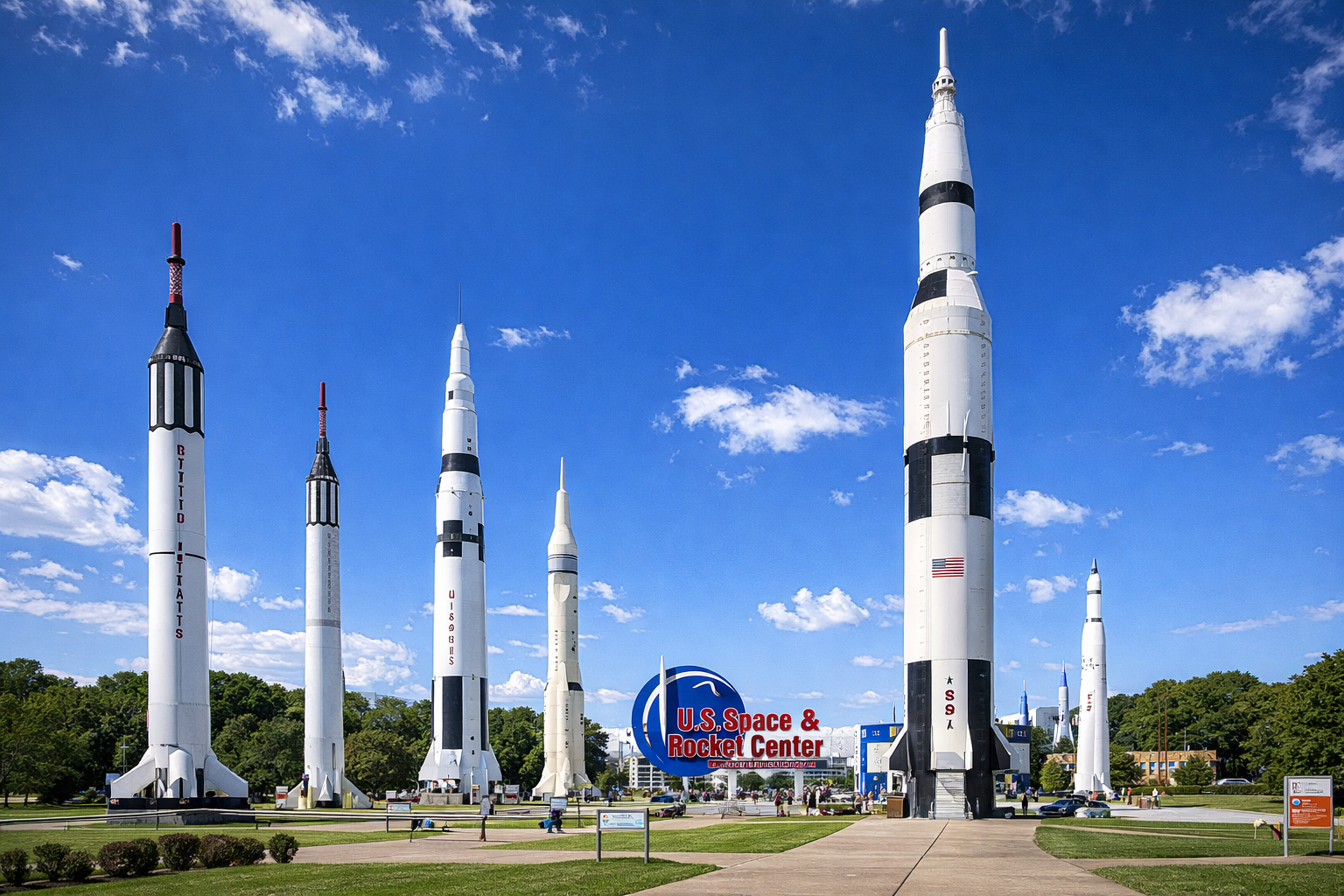 青空の下にロケットが立つハンツビルの宇宙展示